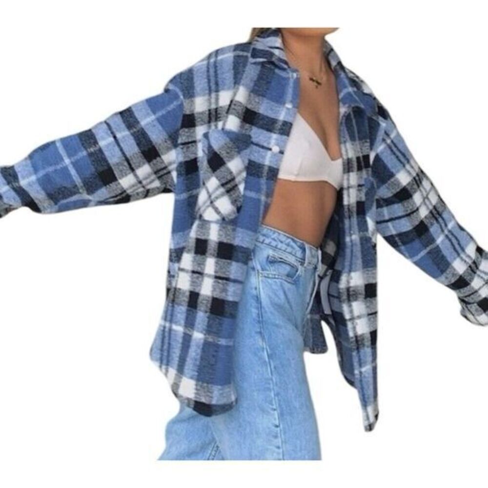 Zara Women's Blue Oversize Plaid Flannel Jacket Women's Size XS‎